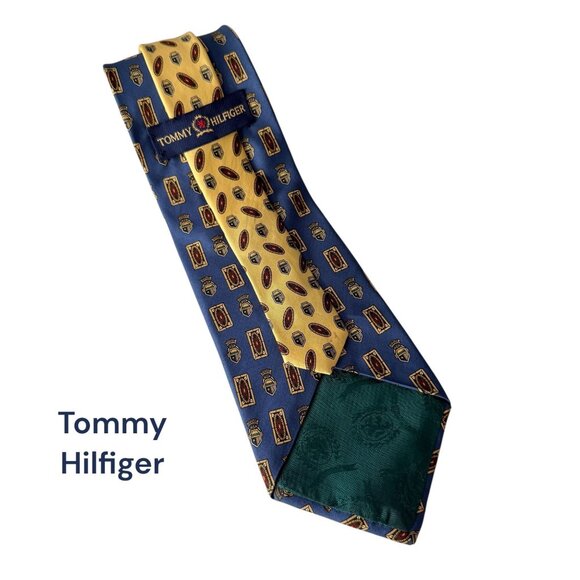 Tommy Hilfiger 100% Silk Tie Navy & Yellow Shield Emblem Design Made In Italy - Picture 2 of 11